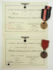 Medaille zur Erinnerung an den 1. Oktober 1938, mit zwei Urkunden.