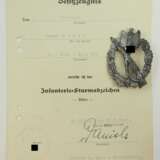 Infanterie-Sturmabzeichen, Silber, mit Urkunde für einen Leutnant der 1./ Infanterie-Regiment 239. - photo 1