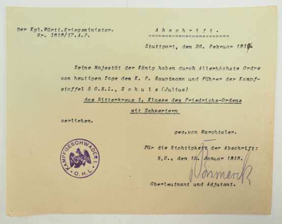 Preussen: Urkundengruppe eines Hauptmann und Staffelführer beim Kampfgeschwader No 1 / Führer der Kampfstaffel 5. - photo 2