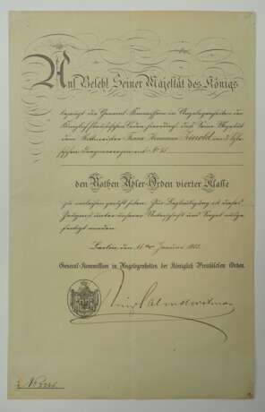Preussen: Roter Adler Orden, 4. Klasse Urkunde für einen Rittmeister im 3. Schlesischen Dragoner-Regiment No. 15. - Foto 1