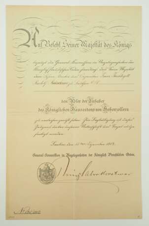 Preussen: Königlicher Hausorden von Hohenzollern, Adler der Inhaber Urkunde für den Lehrer, Kantor und Organisten zu Leuthen. - photo 1