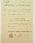Historical items. Preussen: Königlicher Hausorden von Hohenzollern, Adler der Inhaber Urkunde für den Lehrer, Kantor und Organisten zu Leuthen.
