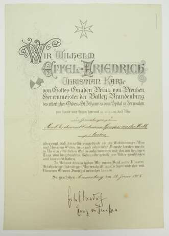 Preussen: Ritterlicher Orden St. Johannis zu Jerusalem, Balley Brandenburg, Ehrenritter Urkunde für einen Generalmajor zu Aachen. - photo 1