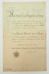 Preussen: Rettungs-Medaille, am Bande Urkunde für den Bahnwärter zu Valldorf im Kreise Niederbarnim.