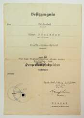 Sonderabzeichen für das Niederkämpfen von Panzerkampfwagen Urkunde für einen Feldwebel der II./ Pz.-Gren.-Rgt. 12.