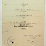 Sonderabzeichen für das Niederkämpfen von Panzerkampfwagen Urkunde für einen Feldwebel der II./ Pz.-Gren.-Rgt. 12. - Foto 1