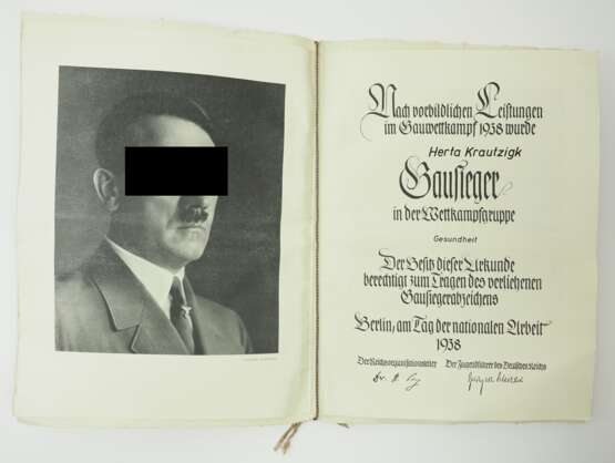 Gausieger 1938 Urkunde in der Wettkampfgruppe Gesundheit. - photo 1
