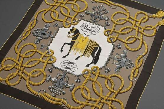 Hermès Seiden Carré "Palefroi" in braun-gold-beige, Entw.: Francoise de la Perrier, 2013, gerollter Rand, 90x90cm, Original Box, kein Schild - photo 1