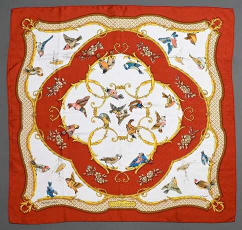 Hermès Seiden Carré "La Clé des Champs", rot-gold, Entw.: Françoise Façonnet 2011, gerollter Rand, 90x90cm - Foto 2