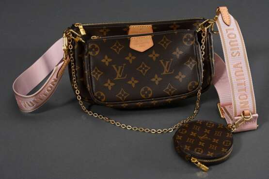 Louis Vuitton "Multipochette" in Monogram Canvas, Hybrid Modell aus Pochette, Mini Pochette und runder Geldbörse, verstellbarer Schulterriemen aus rosa Jacquardgewebe mit Louis Vuitton Signatur und abnehmbarer … - photo 3