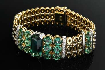 Attraktives Gelb- und Weißgold 750 Armband mit grünen Verdelith Turmalinen und Achtkant Diamant Stegen (zus. ca. 0.25ct/VSI-SI/W), 52g, 17,6x1,8cm