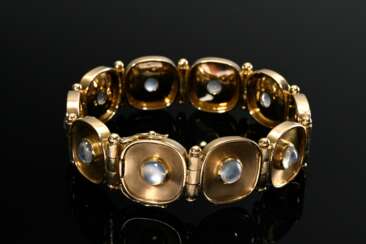 Midcentury Gelbgold 585 Armband mit 10 Mondsteincabochons, 43,5g, 17,5x1,5cm