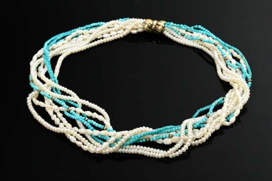 Neunreihiges Collier aus Türkis- und Süßwasserperlen Strängen mit Metallkugeln an vergoldeter Silber 925 Schließe, 44,8g, L. 42cm, Ø 3,2-4mm - Foto 1