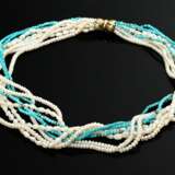 Neunreihiges Collier aus Türkis- und Süßwasserperlen Strängen mit Metallkugeln an vergoldeter Silber 925 Schließe, 44,8g, L. 42cm, Ø 3,2-4mm - Foto 1