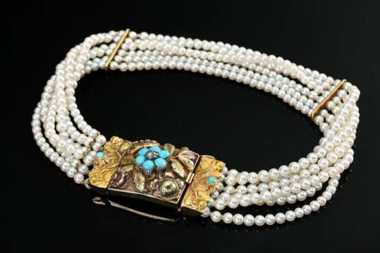 Filigranes Zuchtperlenarmband an antiker Rotgold 625 Schließe mit Türkiscabochons und Diamantrose in floraler Fassung, George IV, um 1820, Mariage(Zuchtperlen und Gelbgold 585 Reihenstege sind neuzeitlich), 14g, 19x1,4cm… - Foto 1