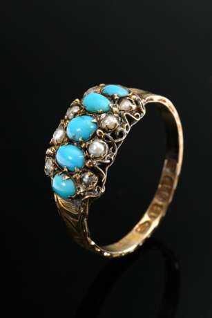 Zarter gravierter Gelbgold 625 Ring mit Türkiscabochons und Flussperlen, Newcastle um 1790, 1,5g, Gr. 55 - photo 1
