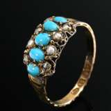 Zarter gravierter Gelbgold 625 Ring mit Türkiscabochons und Flussperlen, Newcastle um 1790, 1,5g, Gr. 55 - photo 1