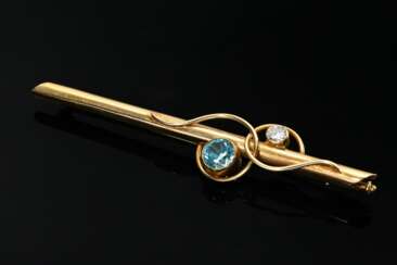 Gelbgold 585 Stabnadel in moderner Façon mit blauem Zirkon (ca. 1.40ct) und Brillant (ca. 0.20ct/P1/TCR), Goldschmiede Otto Stüber, Hamburg um 1930/1940, 7,3g, L. 7,8cm