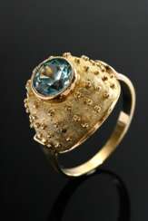 Gelbgold 585 Granulé Ring mit hoch gewölbtem Ringkopf und facettiertem Zirkon (ca. 1ct), 5,1g, Gr. 55, Tragespuren