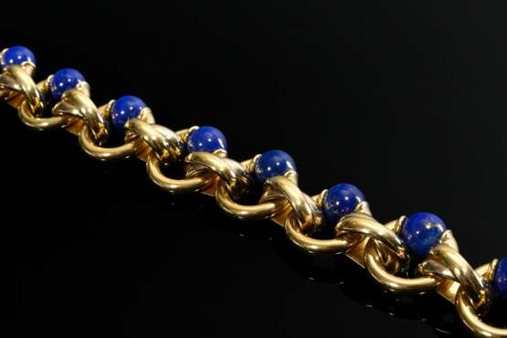 Modernes Gelbgold 750 Collier mit hohl gearbeiteten Ringgliedern und seitlich eingefügten Lapislazuli Kugeln an Ringschließe, 89g, L. 42cm - Foto 2