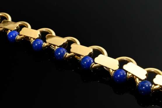 Modernes Gelbgold 750 Collier mit hohl gearbeiteten Ringgliedern und seitlich eingefügten Lapislazuli Kugeln an Ringschließe, 89g, L. 42cm - Foto 3