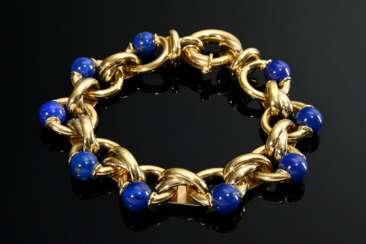 Modernes Gelbgold 750 Armband mit hohl gearbeiteten Ringgliedern und seitlich eingesetzten Lapislazuli Kugeln an Ringschließe, 42,5g, L. 19cm