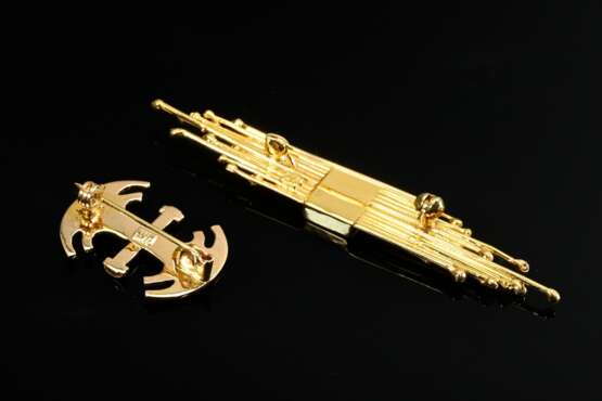 2 Teile Schmuck: avantgardistische Gelbgold 750 Nadel mit mittig gefasster quadratischer Lapislazuli Platte (7,1g, 6,8x1cm) und kleine granulierte Gelbgold 585 Nadel (2,8g, 2,3x1,9cm) - photo 2