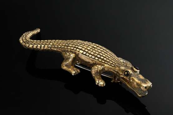 Vergoldete Silber 925 "Alligator" Nadel mit Onyx Augen, Unikat Karin Funke-Atmer, Hamburg, 27,6g, L. 7,3cm, Tragespuren - фото 1