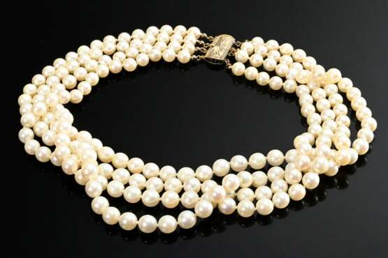 Vierreihiges Zuchtperlencollier (Ø 7,2-7,4mm) mit gravierter Silberschließe, 118,6g, L. 40-49cm - Foto 1
