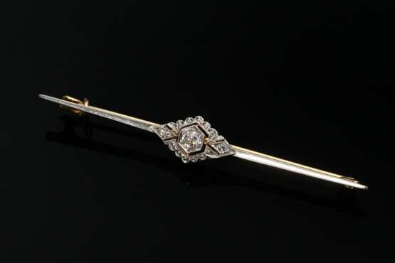 Platinierte Gelbgold 585 Stabnadel mit Diamanten im Alt- und Rosenschliff (zus. ca. 0.12ct/SI-P1/TCR), 2,8g, L. 5,9cm - фото 1