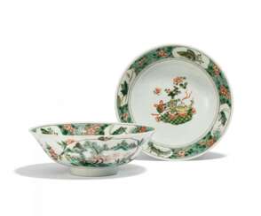 Pair of large bowls with flowers, insects, and the Hundred Antiques