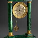 Empire Portaluhr mit Malachit belegtem Gehäuse, feuervergoldeten Bronze Dekorationen und Säulen Kapitellen, um 1840, 39x24x9cm, Schlagwerk fehlt - Foto 1