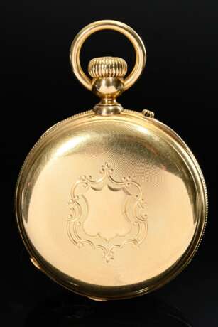 Gelbgold 750 Taschenuhr, Handaufzug, Ankerhemmung, weißes Emaille Zifferblatt mit Minutenindizes und römischen Ziffern, kleine Sekunde bei 6, Breguet Zeiger, Mineralglas, sign. "H(enr)i Grandjean & Compagnie, Lo… - Foto 3