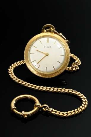Piaget Gelbgold 750 Frackuhr, Handaufzug, Deckel mit Sonnenschliffgravur und Monogramm Kartusche „HH“, Schweiz um 1960, 25,4g, Ø 3,4cm, mit Gelbgold 333 Flachpanzer Uhrenkette (14,3g, L. 27,3cm), gangbar (keine Garantie … - photo 1