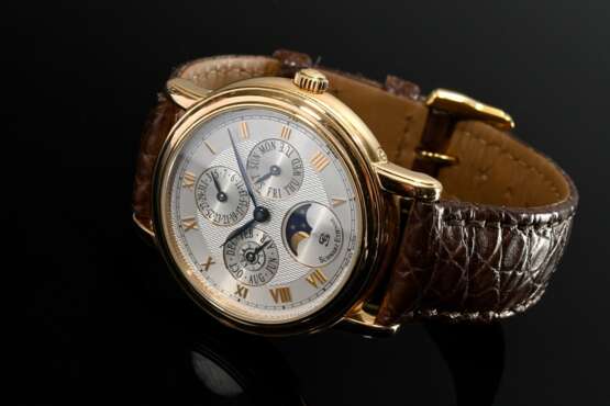 Etienne Schwarz Roségold 750 "Calendar" Automatik Armbanduhr, weißes guillochiertes Zifferblatt mit römischen Zahlen, original braunes Krokolederarmband mit vergoldeter Dornschließe, 72g, Ø 3,8cm, L. 18cm, Orig… - photo 2