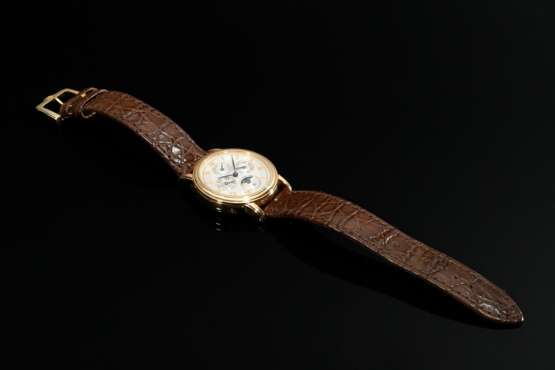 Etienne Schwarz Roségold 750 "Calendar" Automatik Armbanduhr, weißes guillochiertes Zifferblatt mit römischen Zahlen, original braunes Krokolederarmband mit vergoldeter Dornschließe, 72g, Ø 3,8cm, L. 18cm, Orig… - photo 3