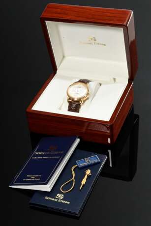 Etienne Schwarz Roségold 750 "Calendar" Automatik Armbanduhr, weißes guillochiertes Zifferblatt mit römischen Zahlen, original braunes Krokolederarmband mit vergoldeter Dornschließe, 72g, Ø 3,8cm, L. 18cm, Orig… - photo 6