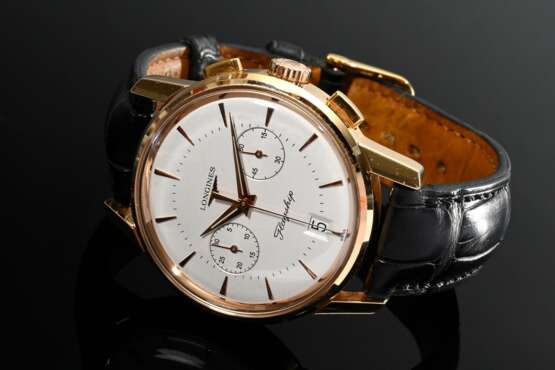 Longines Roségold 750 „Flagship“ Chronograph Armbanduhr, Automatic, Datum, Stoppeinrichtung, Sekundenzähler, Saphirglas, Strichindizes, Nr. 32983324 und L 4 756 8, schwarzes Krokoband mit vergoldeter Dornschließe, 77,6g,… - Foto 2