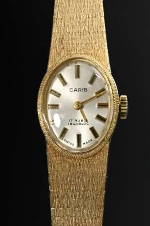 Carib Gelbgold 585 Damenarmbanduhr mit ovalem Zifferblatt und satiniertem Armband, Handaufzug, 28g, L. 18cm, gangbar (keine Garantie auf Werk und Funktionalität) - photo 3