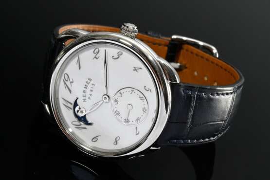 Hermès Edelstahl "Arceau Petite Lune" Automatik Armbanduhr, versilbertes Opalin-Zifferblatt, Uhrenglas und Gehäuseboden aus entspiegeltem Saphirglas, Mondphasenanzeige bei 10:30, mechanisches Hermès-Manufakturw… - Foto 1