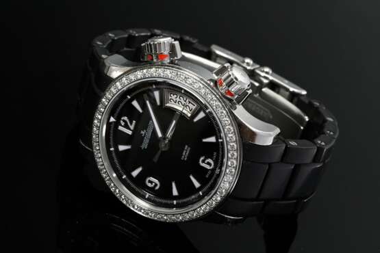 Jaeger-LeCoultre Edelstahl "Master Compressor" Armbanduhr, Automatic, Kaliber 899, Brillant Lünette (zus. ca. 1.12ct/VSI/W), große Sekunde, Datumsfenster bei 3, Saphirglas, Ref. Nr. 148.8.37, Nr. 2593029, Ø 3,… - Foto 2