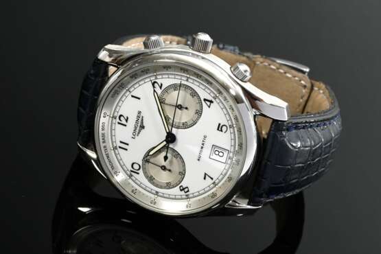 Longines Edelstahl "Swissair Exclusive No. 3" Chronograph (Limited Edition), Automatik, weißes Zifferblatt, Saphirglas, Original schwarzes Krokodillederarmband mit Dornschließe, 72,8g, Ø 40mm, L. 19cm, gangbar … - photo 2