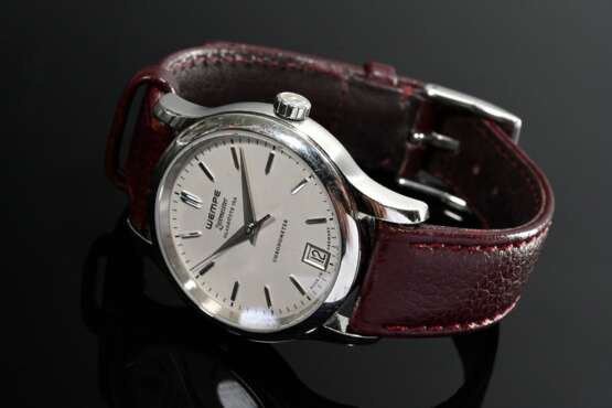 Wempe Edelstahl "Zeitmeister" Chronometer Armbanduhr, Quartzwerk, große Sekunde, Datumsanzeige, Stunden- und Minuten Strichindizes, Sternwarte-Glashütte, bordeauxfarbenes Lederarmband, Original Samtbeutel, 36,3… - photo 1