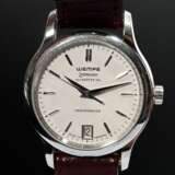 Wempe Edelstahl "Zeitmeister" Chronometer Armbanduhr, Quartzwerk, große Sekunde, Datumsanzeige, Stunden- und Minuten Strichindizes, Sternwarte-Glashütte, bordeauxfarbenes Lederarmband, Original Samtbeutel, 36,3… - photo 3