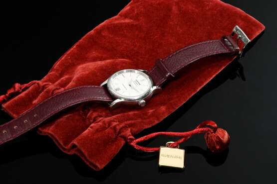 Wempe Edelstahl "Zeitmeister" Chronometer Armbanduhr, Quartzwerk, große Sekunde, Datumsanzeige, Stunden- und Minuten Strichindizes, Sternwarte-Glashütte, bordeauxfarbenes Lederarmband, Original Samtbeutel, 36,3… - photo 4