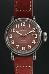 Zenith Edelstahl &quot;Pilot Extra Spezial&quot; Armbanduhr in Retro-Optik, Automatikwerk, große Sekunde, Kaliber Elite 679, Ref. Nr. 11.1941.679, 391105, limitierte Auflage 143/250, Schweiz, kastanienbraunes Zifferblatt…