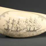 Scrimshaw "H.M.S. Acheron surrendering to the french Frigate "Incorruptible'", off Algiers 3rd Feb 1805.", 19.Jh., beschnitzter Walzahn mit geschwärztem Ritzdekor, L. 13,2cm, 407g - photo 1
