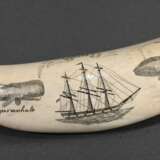 Scrimshaw "Oriole" mit "Spermwhale" und "Humpback" Darstellungen, 19.Jh., beschnitzter Walzahn mit geschwärztem Ritzdekor, L. 11,5cm, 127g - photo 4