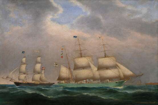 Petersen, Lorenz (1803-1870) und Holm, Peter Christian (1823-1888) Kapitänsbild „Dreimaster und Zweimaster bei Helgoland“ 1866, Öl/Leinwand auf Sperrholz kaschiert, u.r. sign./dat., u.l. bez. "Capt. J. Kroll", … - Foto 1