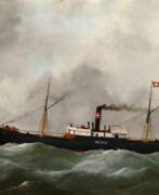 Collections. Adam, Edouard I (1847-1929) Kapitänsbild „Dänischer Dampfer Nexos“, Öl/Leinwand, Prunkrahmen (kleine Defekte), 60x131cm (m.R. 80x151,5cm), leicht rest., Craquelé